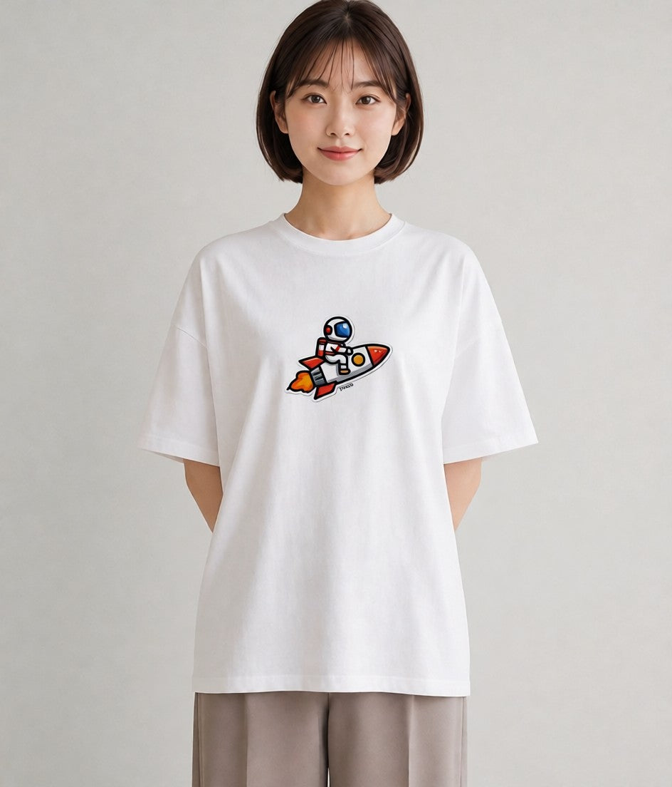 プリントTシャツ レディース ロケット 星空 宇宙 イラスト ユニーク ミセス 春コーデ 白T