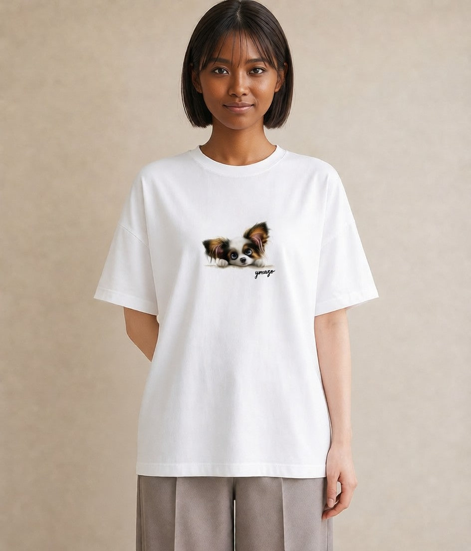 グラフィックTシャツ レディース パピヨン 犬 いぬ イラスト きれいめ ミセス 春コーデ 白T