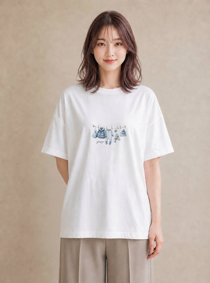 デザインTシャツ レディース 洗濯物 風 ナチュラル アンティーク イラスト きれいめカジュアル 友達ギフト 部屋着 白T