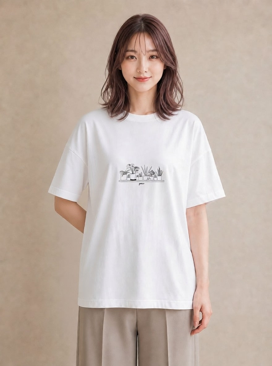 Tシャツ レディース 観葉植物 ボタニカル 植物 イラスト 上品 デイリーウェア 休日 白T