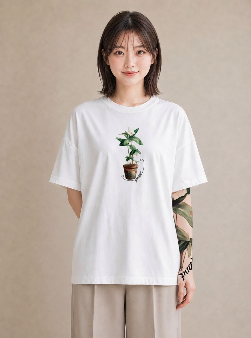 Tシャツ レディース 観葉植物 植物 ボタニカル イラスト 水彩風 ラフ レイヤード 白T