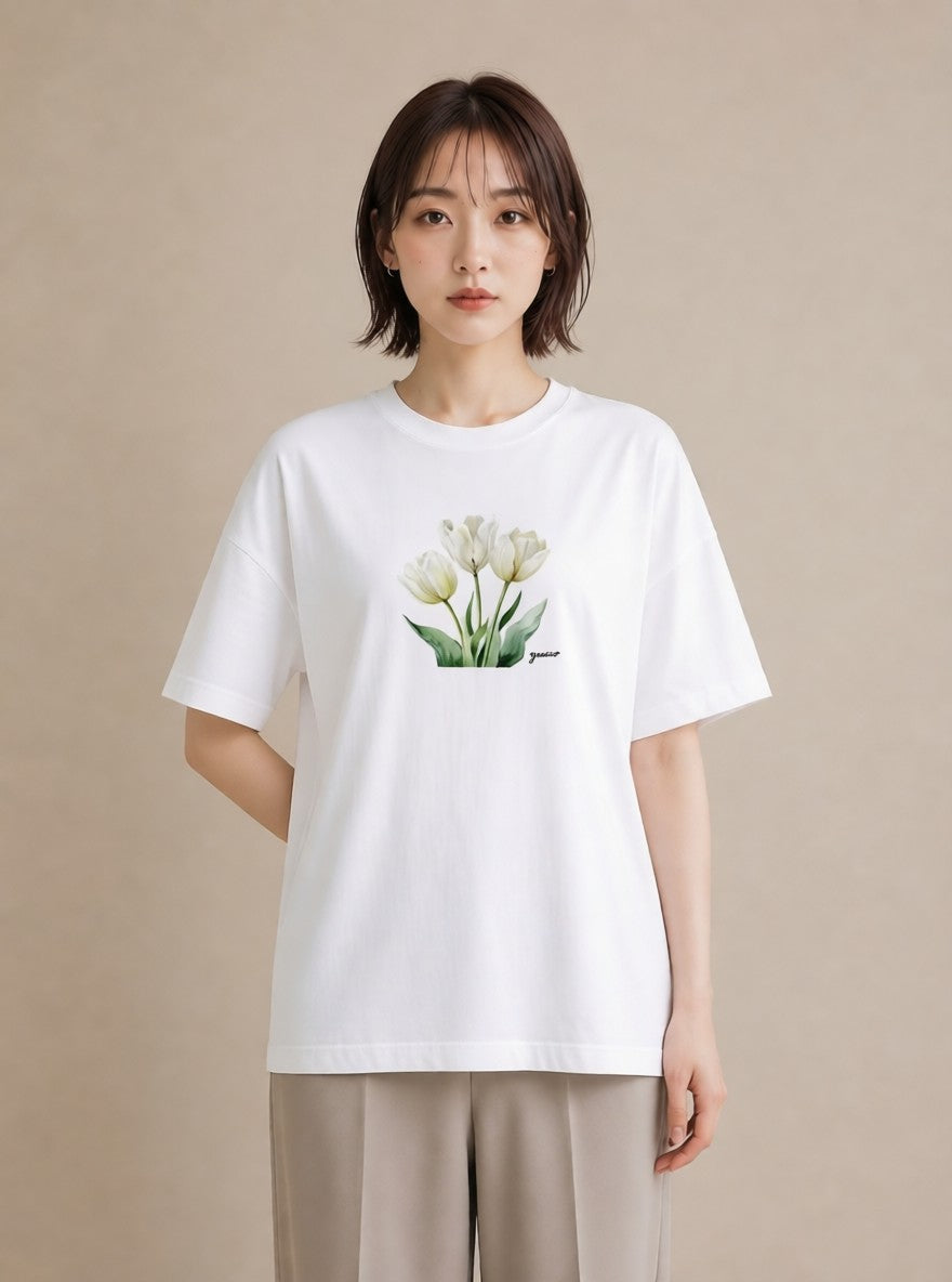 デザインTシャツ レディース チューリップ 花 花柄 イラスト 敬老の日 ホワイトデー 白T