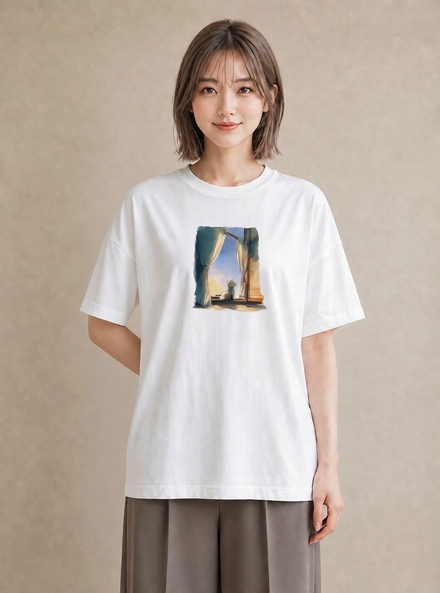 Tシャツ レディース 灯りの家 小屋 夜 ナチュラル アンティーク イラスト ヴィンテージ風 ママ カフェ服 白T