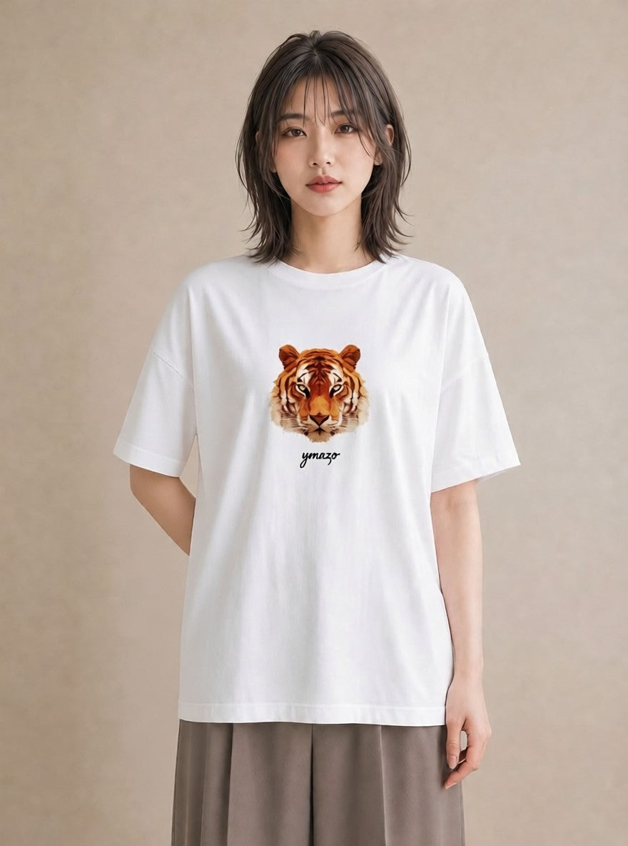 半袖Tシャツ レディース とら 動物 アニマル イラスト カジュアル ペアコーデ 秋コーデ 白T