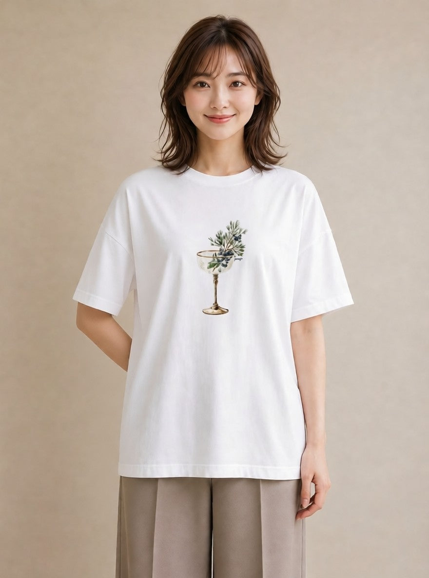 グラフィックTシャツ レディース ガラス瓶 小枝 ボタニカル ナチュラル アンティーク イラスト お洒落 自分用 ルームウェア 白T