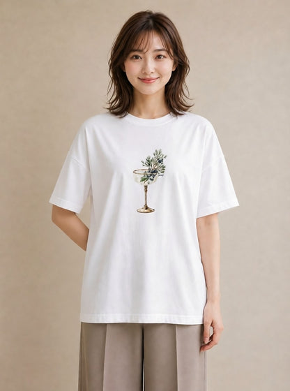 グラフィックTシャツ レディース ガラス瓶 小枝 ボタニカル ナチュラル アンティーク イラスト お洒落 自分用 ルームウェア 白T