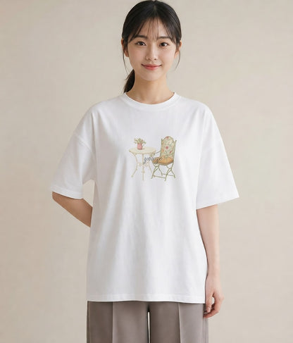 デザインTシャツ レディース 夕暮れ バルコニー 夕焼け ナチュラル アンティーク イラスト レトロ カフェ服 クリスマス 白T