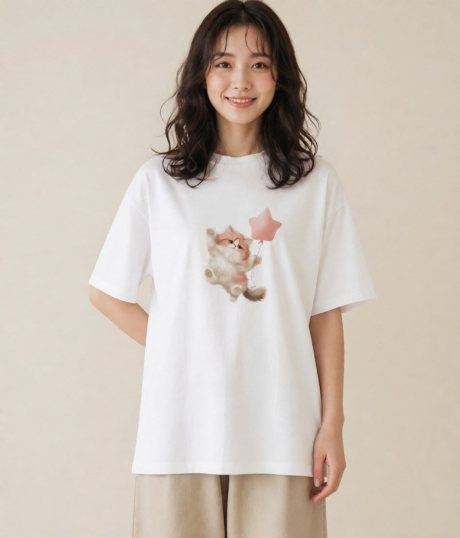 デザインTシャツ レディース ペルシャ 猫 ねこ イラスト カジュアル ビーチ デイリーウェア 白T