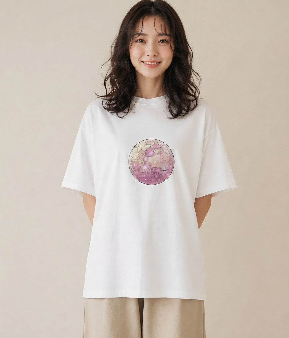 半袖Tシャツ レディース 満月 星空 宇宙 イラスト きれいめ ママ カフェ服 白T