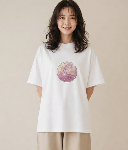 半袖Tシャツ レディース 満月 星空 宇宙 イラスト きれいめ ママ カフェ服 白T