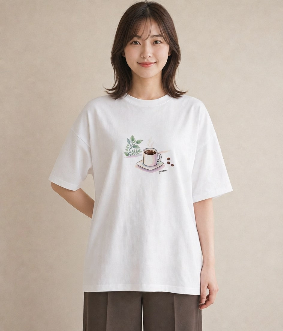 Tシャツ レディース コーヒー カフェ 珈琲 イラスト ユニーク ペアコーデ 秋コーデ 白T