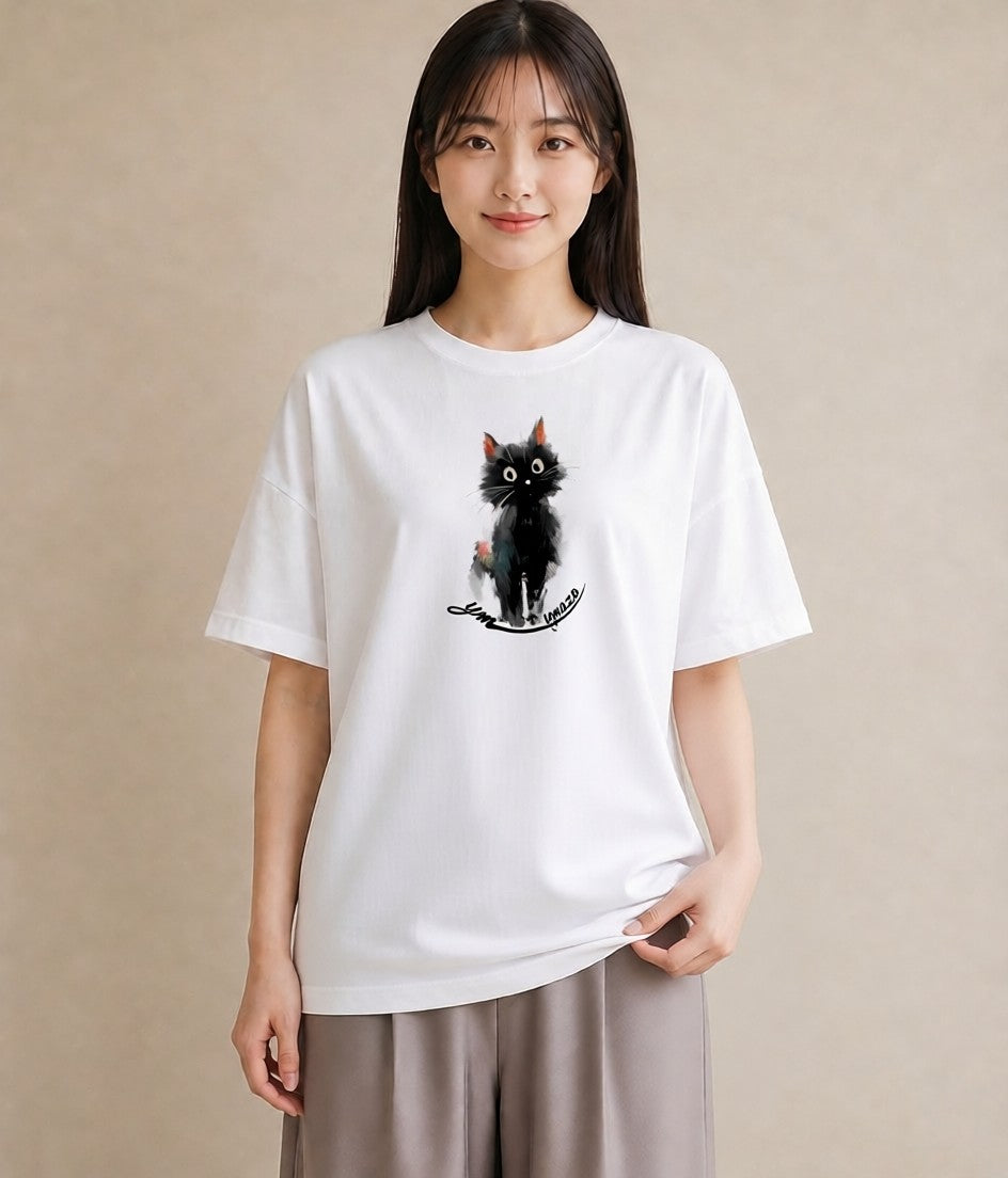 Tシャツ レディース ハチワレ 白黒猫 猫 ねこ イラスト きれいめカジュアル 帰省 ラフ 白T