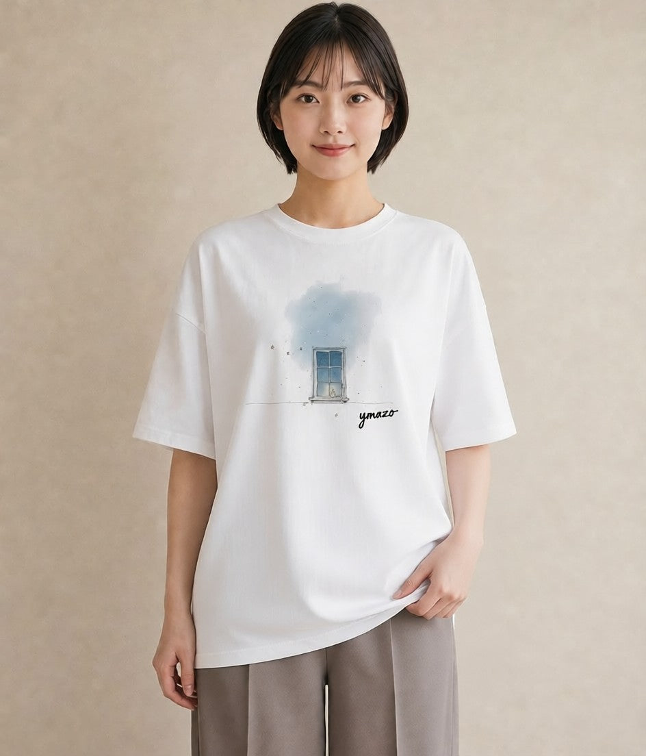 半袖Tシャツ レディース 遠い家と鳥 風景 鳥 ナチュラル アンティーク イラスト お出かけ 普段着 白T