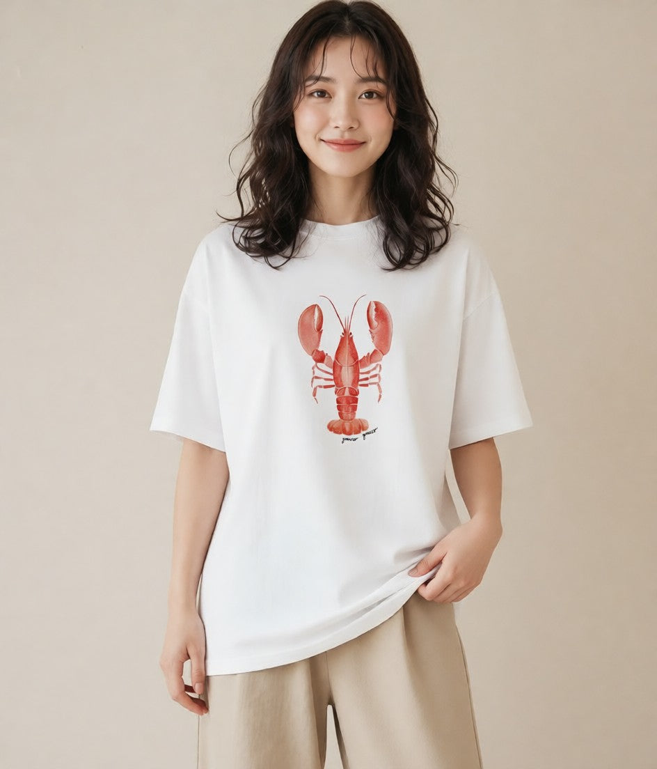 半袖Tシャツ レディース カニ 海の生き物 海 イラスト シック お出かけ 普段着 白T