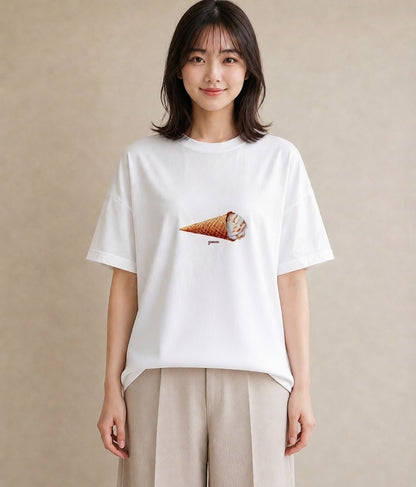 半袖Tシャツ レディース ソフトクリーム 食べ物 フード イラスト ナチュラル ペアコーデ 秋コーデ 白T