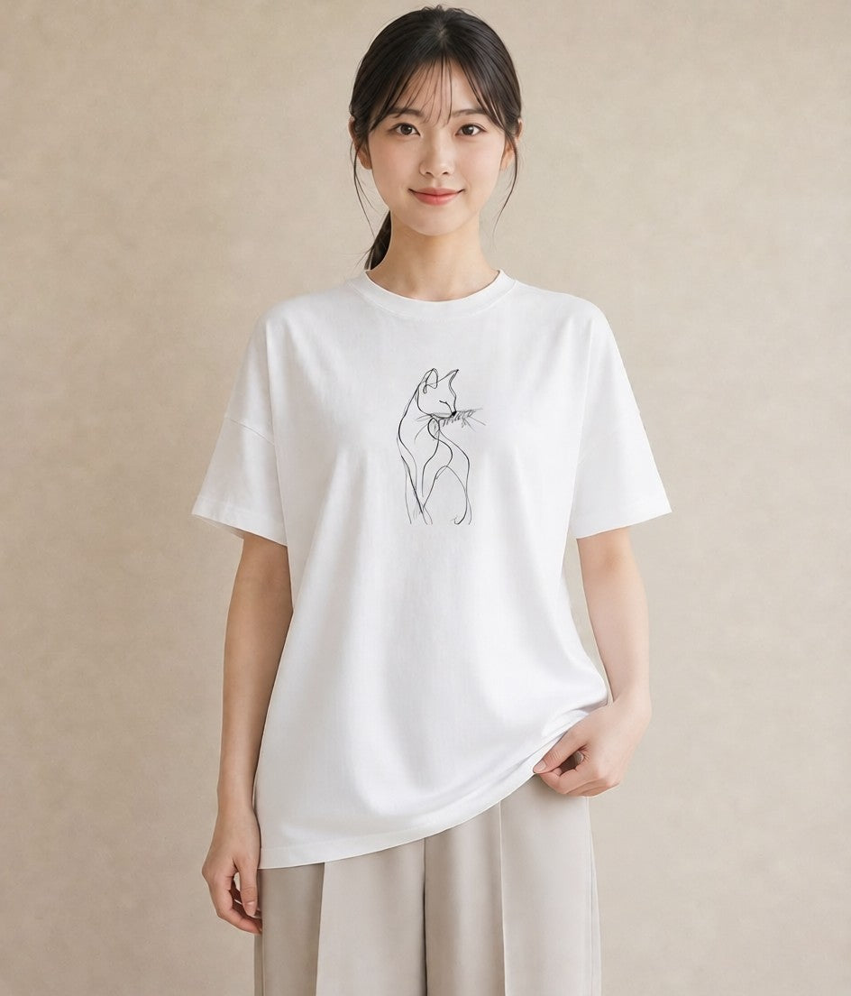 プリントTシャツ レディース 猫 ねこ ネコ イラスト 上品 社会人 女性 白T