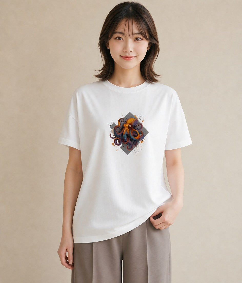 デザインTシャツ レディース イカ 海の生き物 海 イラスト シック カフェ巡り 女子会 白T