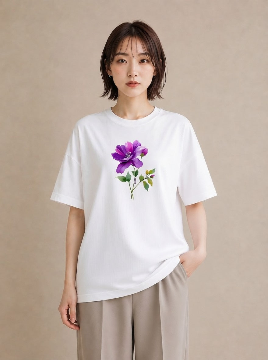 Tシャツ レディース パンジー 花 花柄 イラスト きれいめカジュアル 休日 ペアコーデ 白T