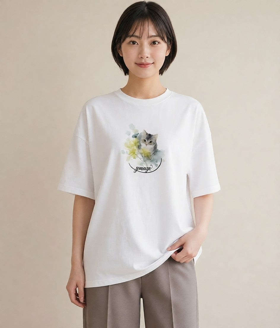 半袖Tシャツ レディース ペルシャ 猫 ねこ イラスト ミニマル カジュアルコーデ 買い物 白T