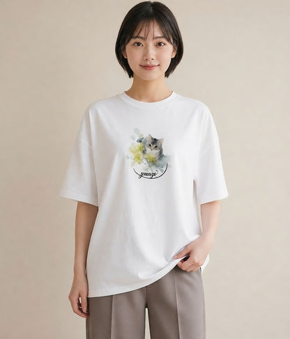 半袖Tシャツ レディース ペルシャ 猫 ねこ イラスト ミニマル カジュアルコーデ 買い物 白T