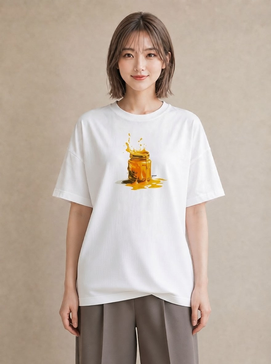 グラフィックTシャツ レディース ハニー 食べ物 フード イラスト ラフ 休日 ペアコーデ 白T
