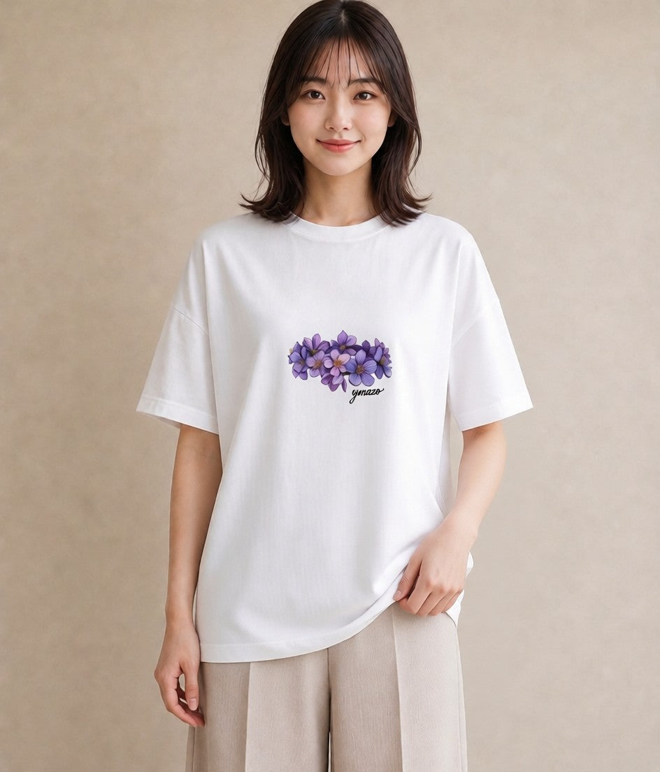 グラフィックTシャツ レディース スミレ 花 花柄 イラスト こなれ感 社会人 女性 白T