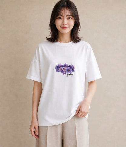 グラフィックTシャツ レディース スミレ 花 花柄 イラスト こなれ感 社会人 女性 白T