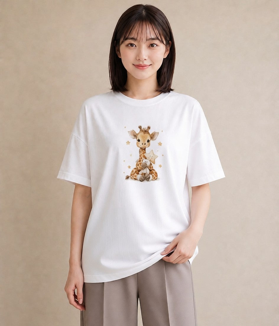 Tシャツ レディース きりん 動物 アニマル イラスト 水彩風 レイヤード 友達ギフト 白T