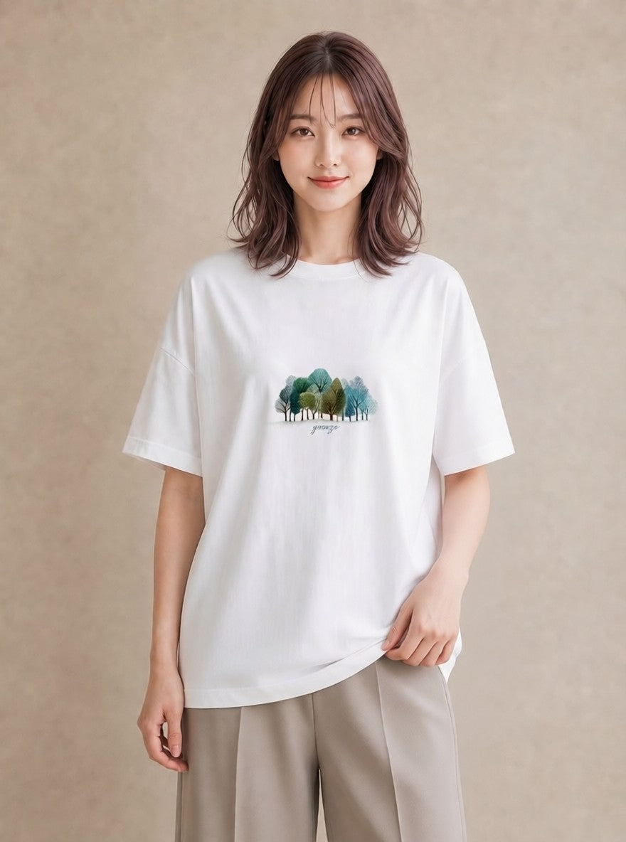 プリントTシャツ レディース 森 植物 ボタニカル イラスト ラフ 綿100 デート 白T