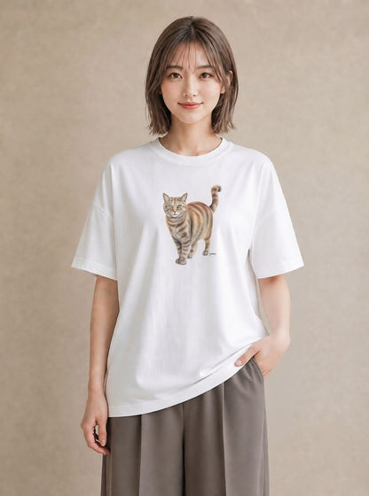 半袖Tシャツ レディース アメリカンショートヘア 猫 ねこ イラスト カフェコーデ 公園 ママ 白T