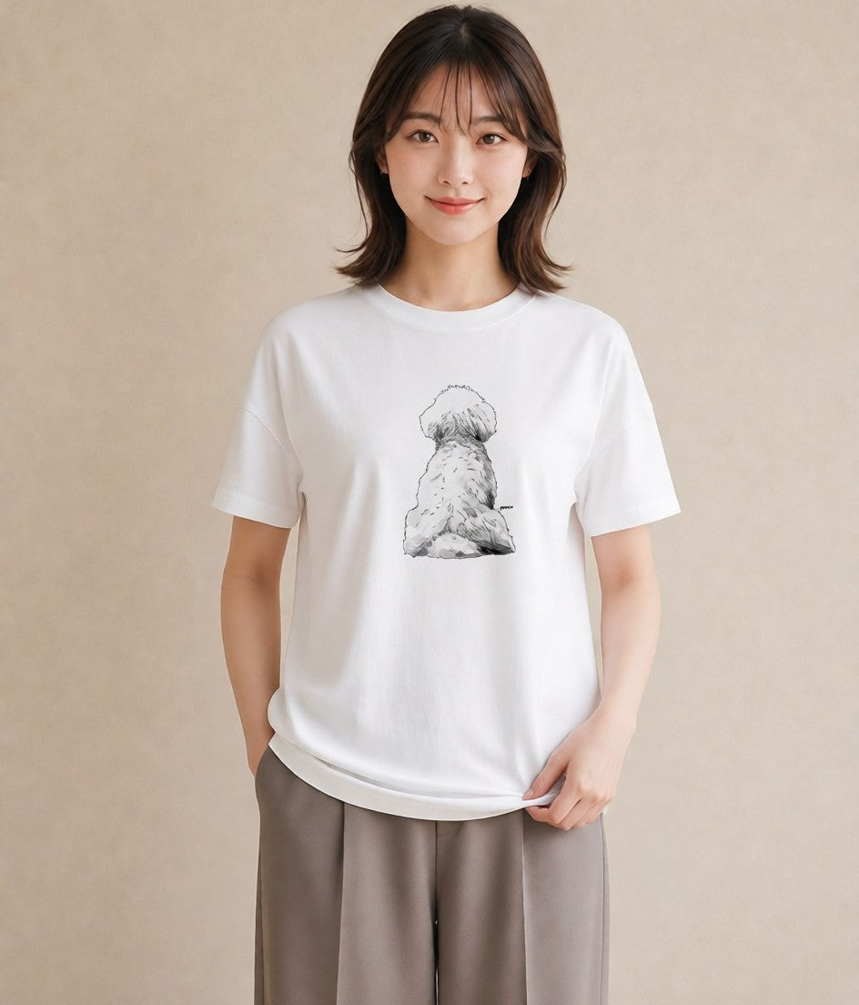 半袖Tシャツ レディース ビションフリーゼ 犬 いぬ イラスト ラフ カフェ巡り 女子会 白T