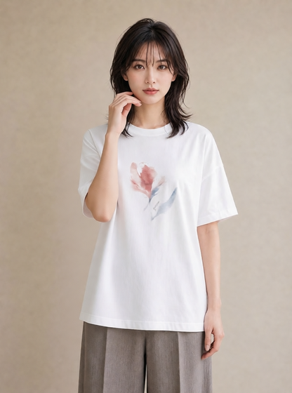 プリントTシャツ レディース チューリップ 花 花柄 イラスト ユニーク 在宅 公園 白T