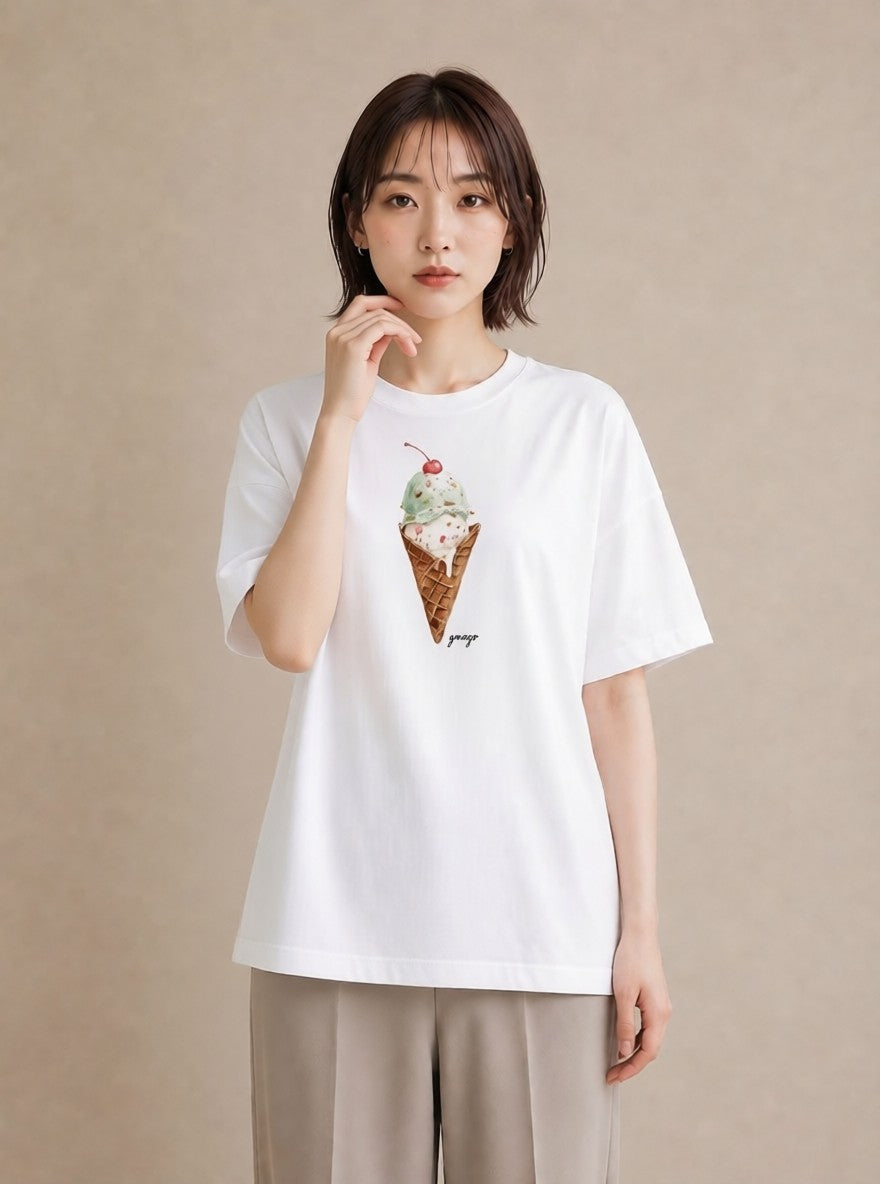 グラフィックTシャツ レディース パフェ 食べ物 フード イラスト 淡色 カフェ巡り 女子会 白T