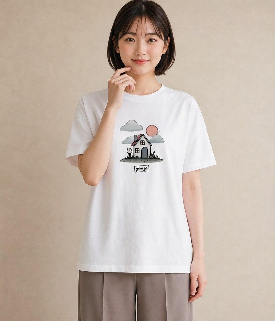 Tシャツ レディース 灯りの家 小屋 夜 ナチュラル アンティーク イラスト モード 部屋着 女性向けギフト 白T