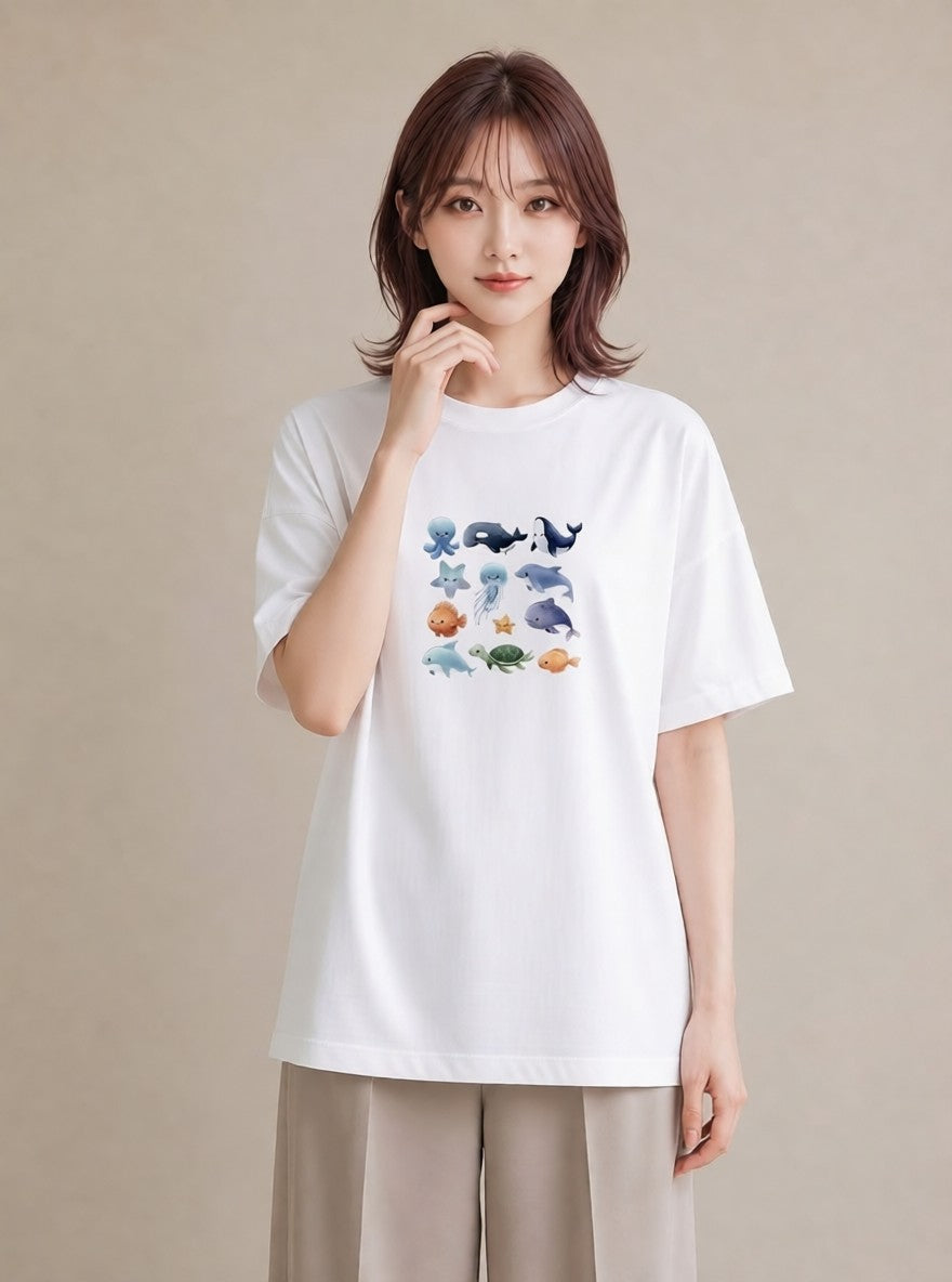 グラフィックTシャツ レディース イルカ 海の生き物 海 イラスト 北欧風 通勤 在宅 白T