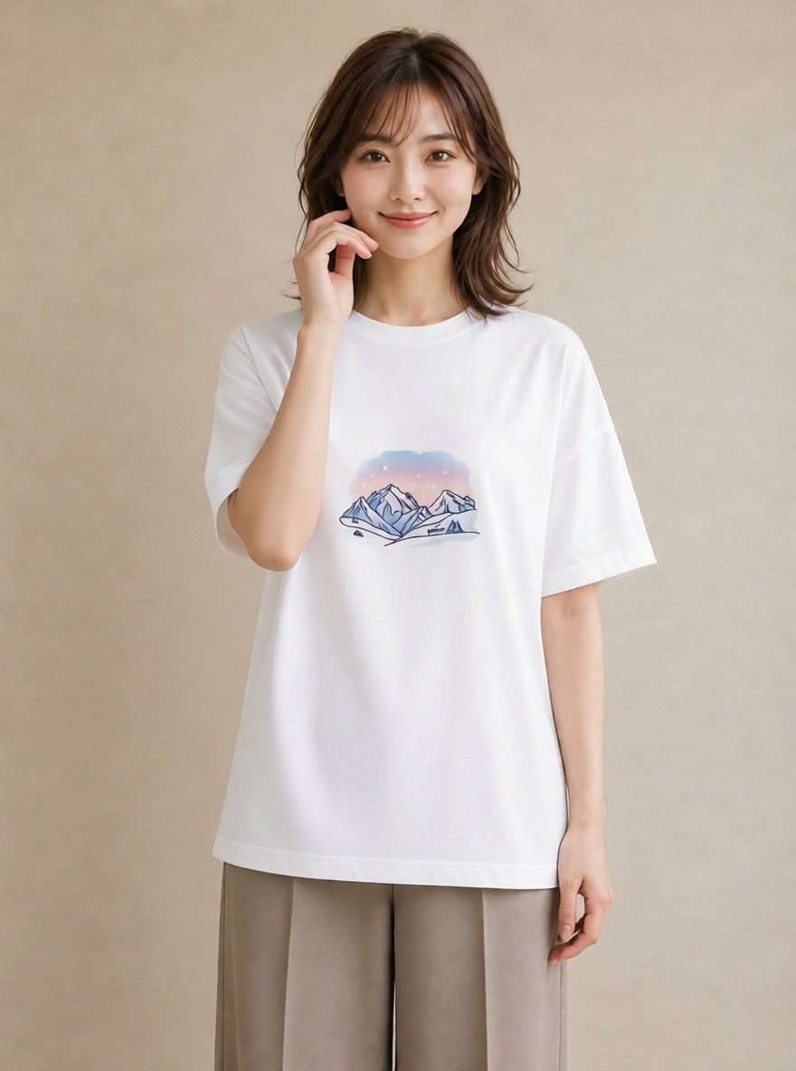 半袖Tシャツ レディース オーロラ 星空 宇宙 イラスト 個性的 春服 ミセス 白T