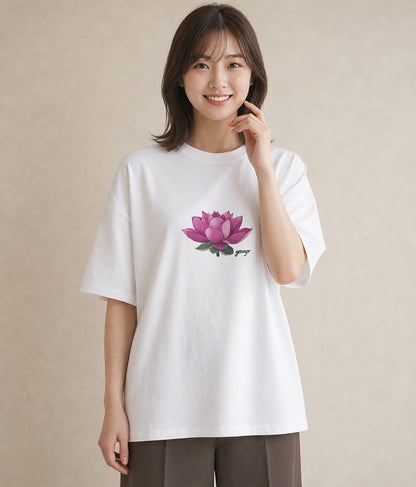 プリントTシャツ レディース 蓮 花 花柄 イラスト 淡色 お出かけ 普段着 白T