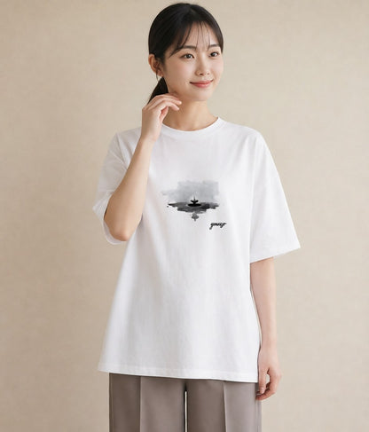 デザインTシャツ レディース 街灯 夜霧 夜 ナチュラル アンティーク イラスト ポップ ママ カフェ服 白T