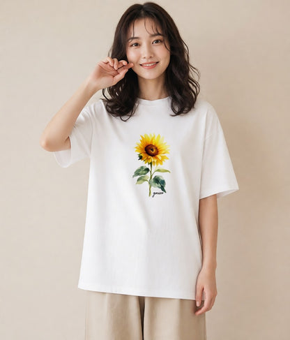 デザインTシャツ レディース ひまわり 向日葵 花 花柄 イラスト ゆるかわ 誕生日プレゼント 綿100 白T