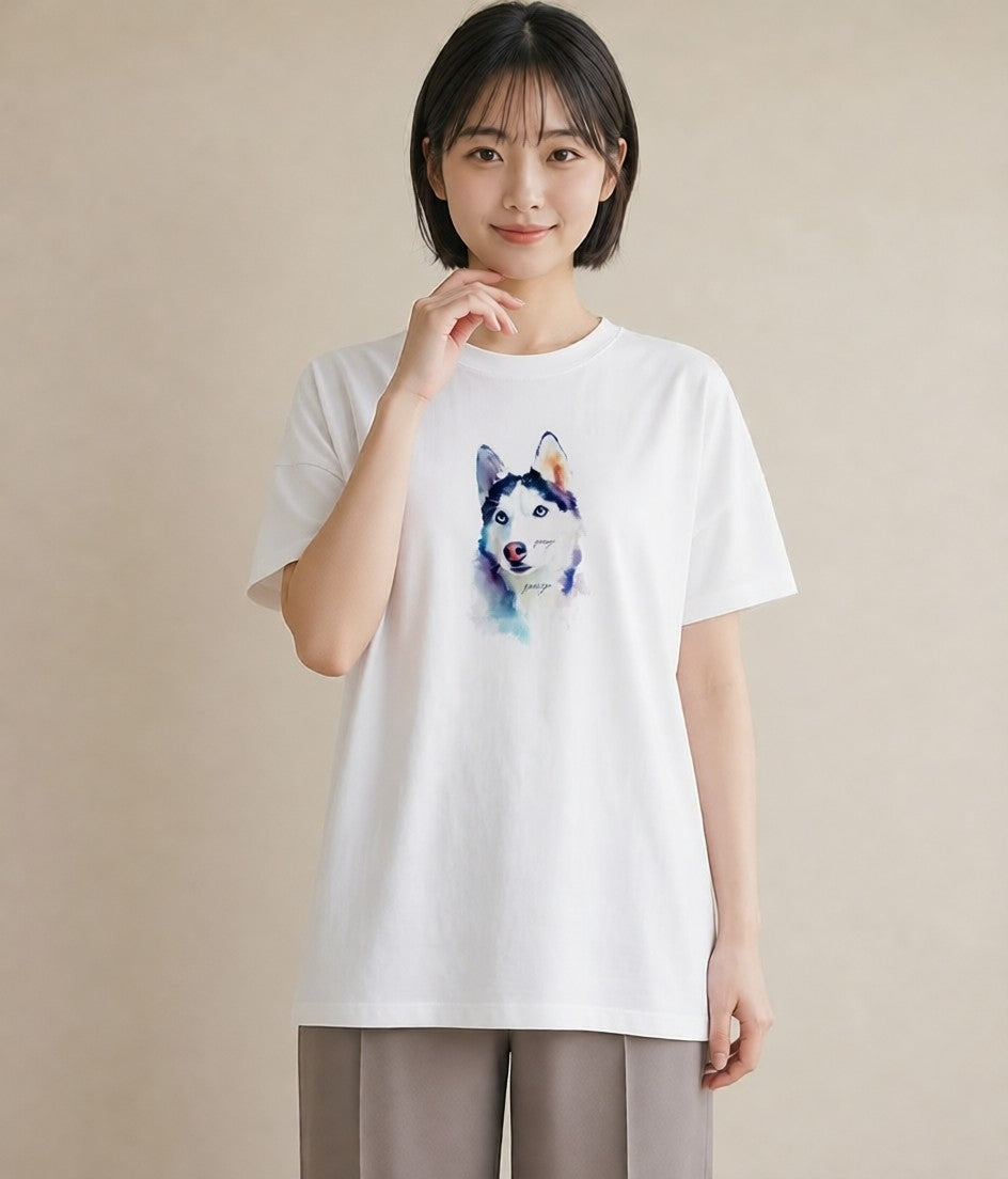 Tシャツ レディース シベリアンハスキー 犬 いぬ イラスト ラフカジュアル デイリーウェア 休日 白T