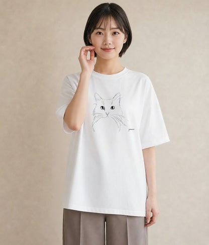 半袖Tシャツ レディース 猫 ねこ ネコ イラスト ナチュラル 春コーデ 姉妹 白T