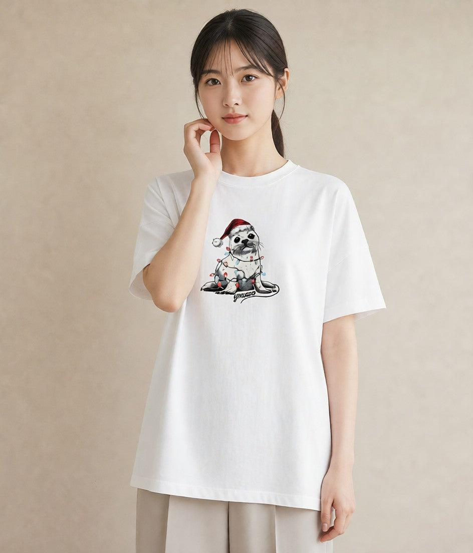 Tシャツ レディース ゴマフアザラシ 動物 アニマル イラスト シンプル デイリーウェア 休日 白T