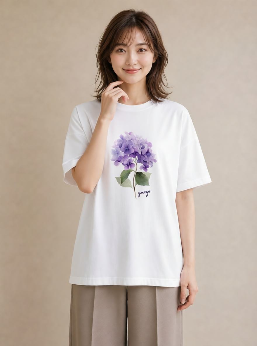 デザインTシャツ レディース あじさい 紫陽花 アジサイ 花 花柄 イラスト 母娘コーデ 自分用 白T
