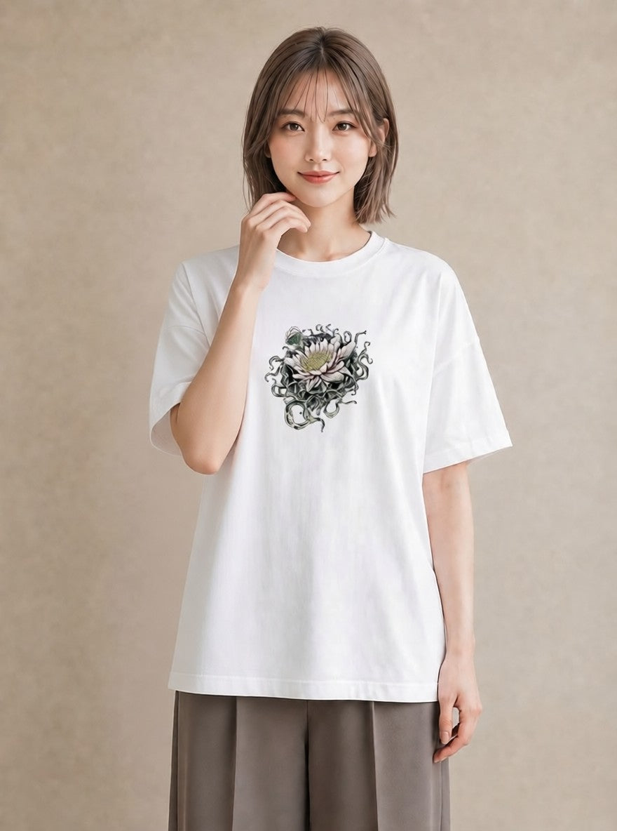 プリントTシャツ レディース 蓮 花 花柄 イラスト シック カフェ巡り 女子会 白T