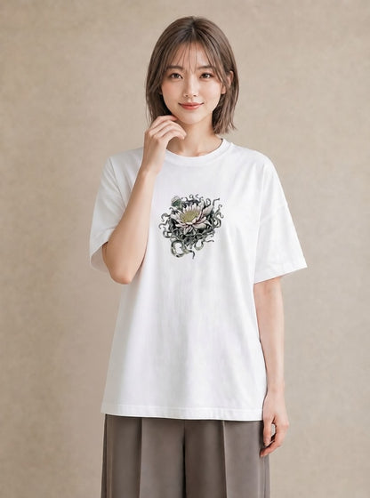 プリントTシャツ レディース 蓮 花 花柄 イラスト シック カフェ巡り 女子会 白T