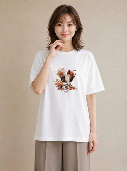 グラフィックTシャツ レディース 自転車のかご 自転車 花かご ナチュラル アンティーク イラスト 上品 女性向けギフト 散歩 白T