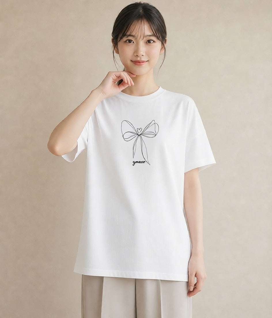 Tシャツ レディース リボン ボウ りぼん イラスト 線画 夏コーデ 通学 白T