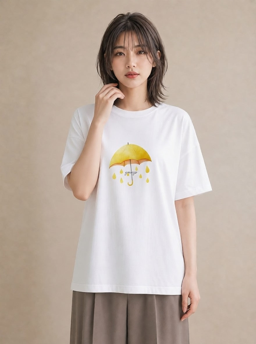 プリントTシャツ レディース 傘 水たまり 雨 ナチュラル アンティーク イラスト ボタニカル 旅行 母娘コーデ 白T