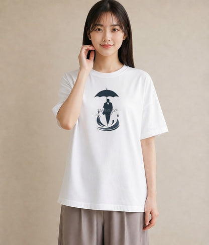 デザインTシャツ レディース 傘 水たまり 雨 ナチュラル アンティーク イラスト 淡色 ギフト 母の日 白T