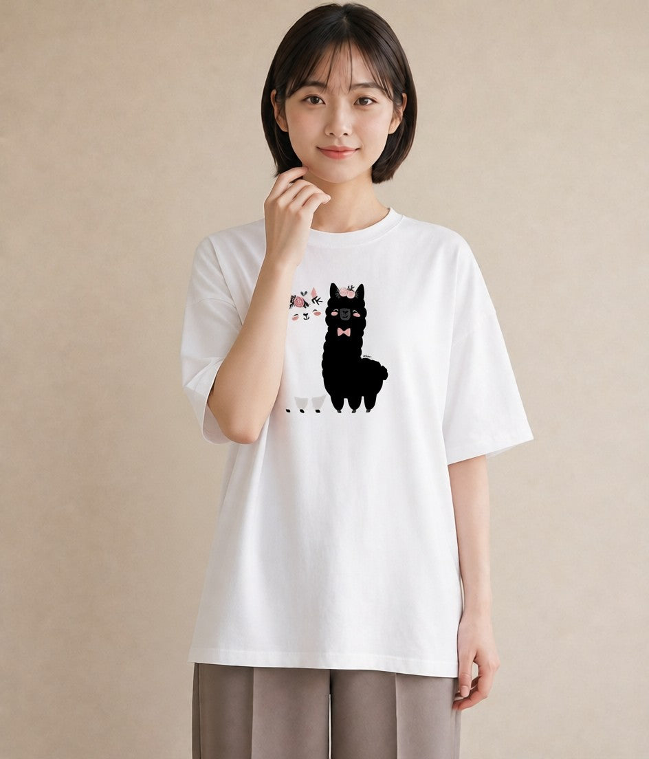 半袖Tシャツ レディース アルパカ 動物 アニマル イラスト 旅行コーデ ビーチ デイリーウェア 白T